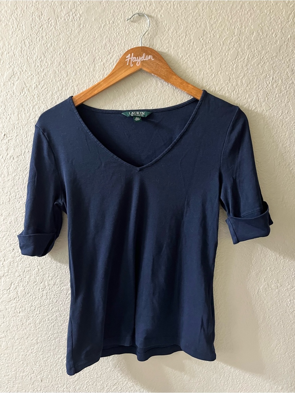 Lauren Ralph Lauren Navy V-Neck Roll-Tab Short Sleeve Top